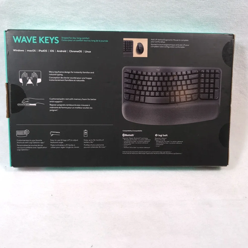 Logitech Wave Keys Wireless Ergonomic Keyboard Graphite YR0096 920-011898 - Picture 2 of 7